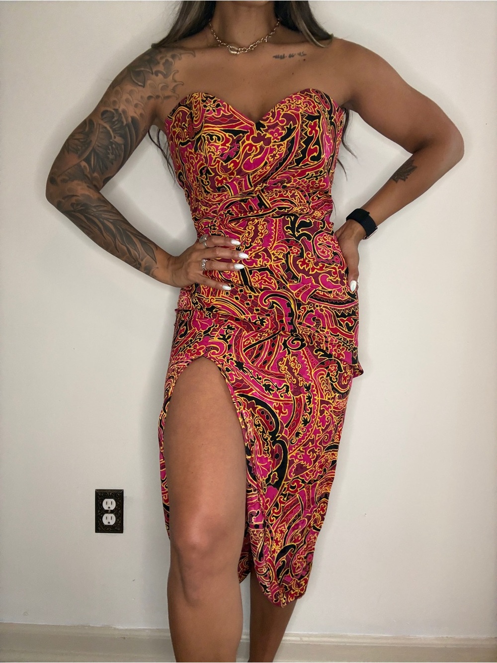 A.J. Bari Strapless Paisley Midi Dress in Pink and Black with Gold Accents SILK